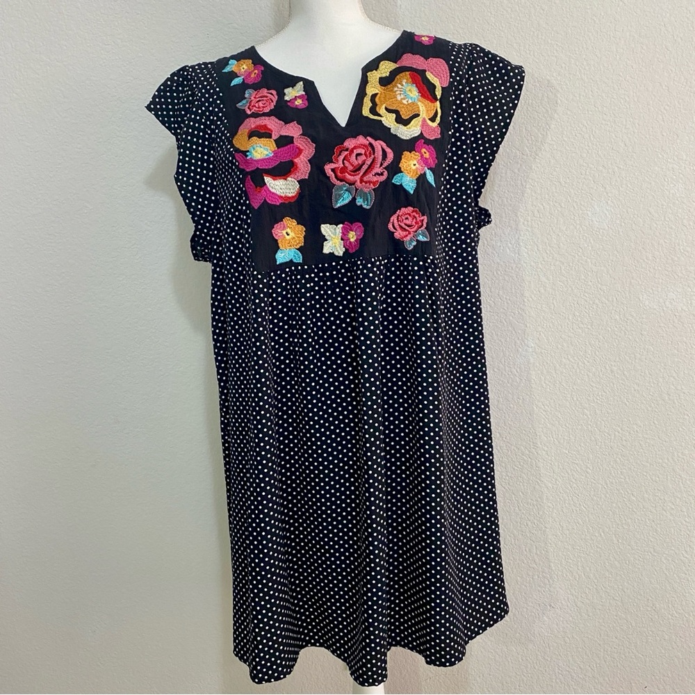 Savanna Jane Floral Embroidered Polka Dot Tunic Dress 2X Boho
